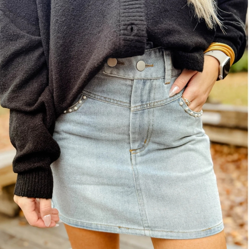 Cloud Ten Hope Denim Skirt with Pearl Accents Size M